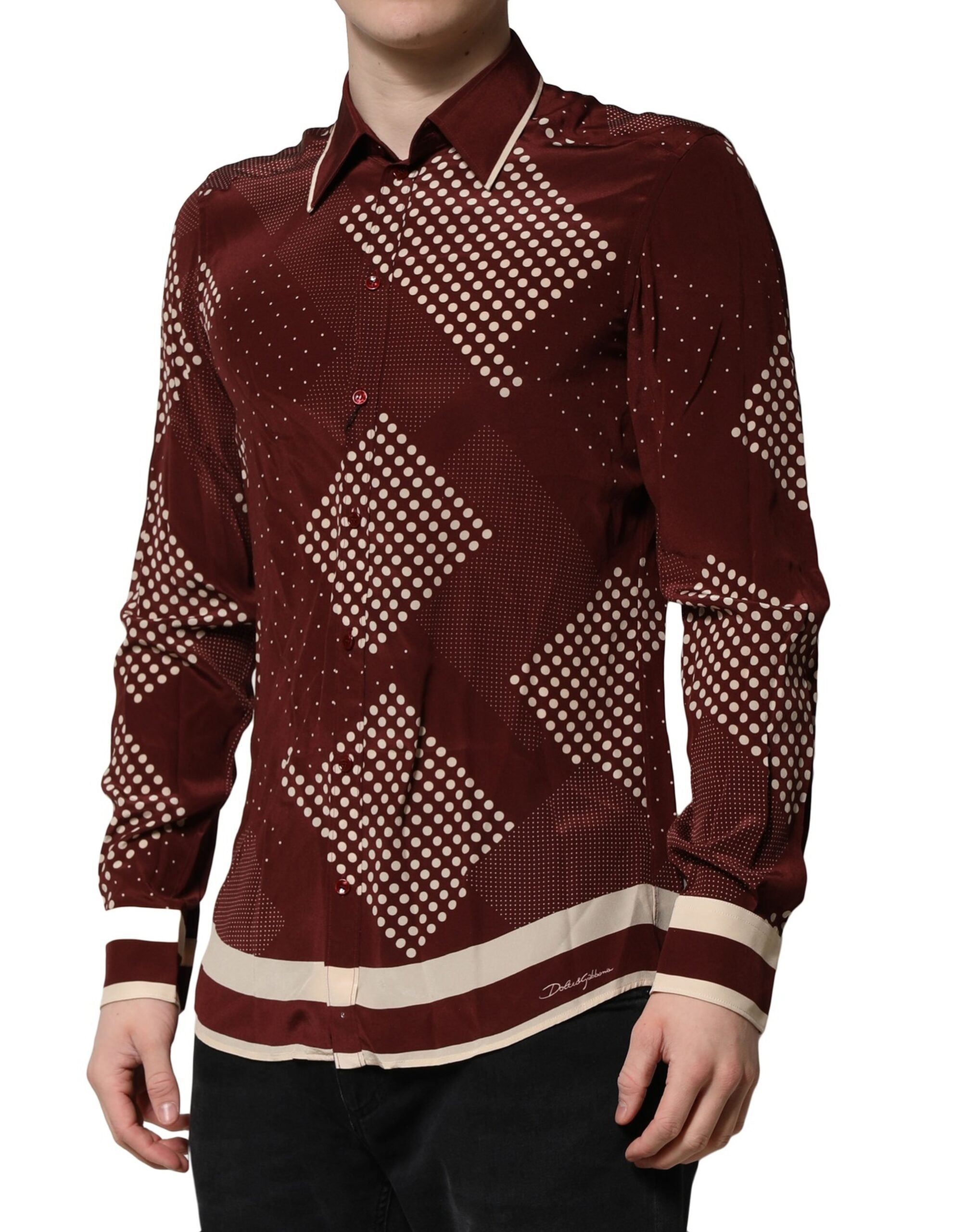 Dolce & Gabbana Maroon Dotted Silk Long Sleeve Casual Shirt