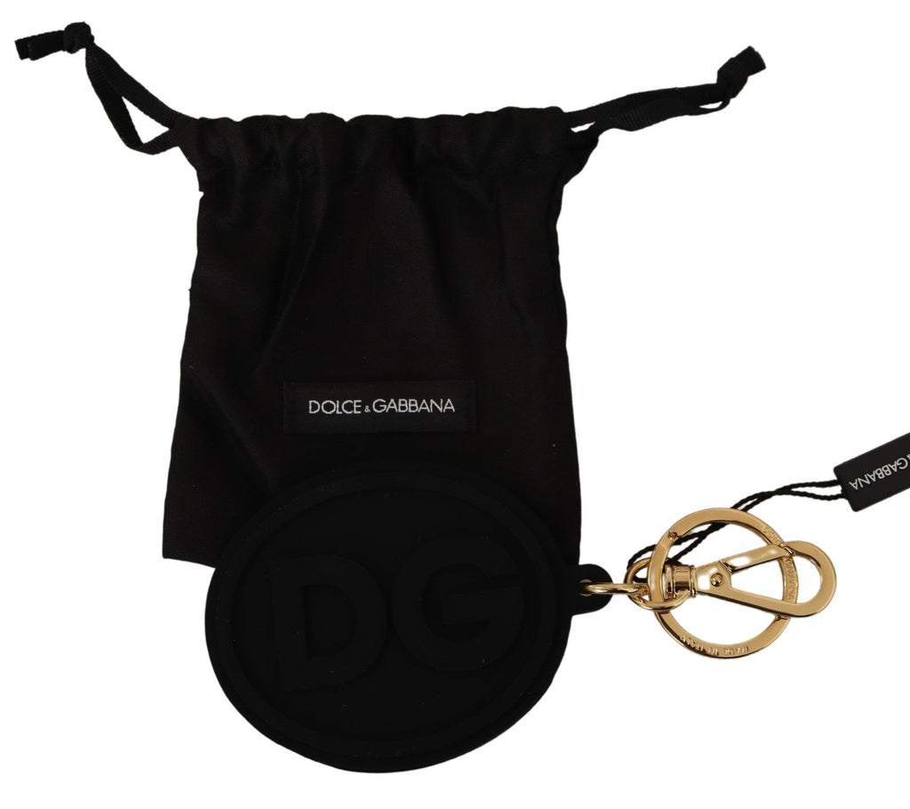 Dolce & Gabbana Black Rubber DG Logo Gold Brass Metal Keyring Keychain