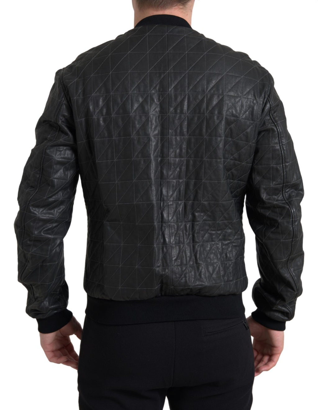 Dolce & Gabbana Black Leather Full Zip Bomber Coat Jacket
