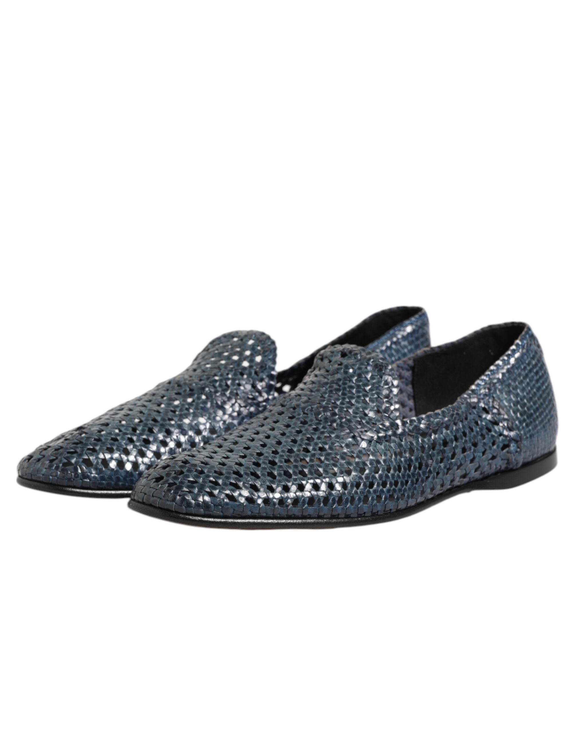 Dolce & Gabbana Blue Woven Leather Slip On Loafers Shoes