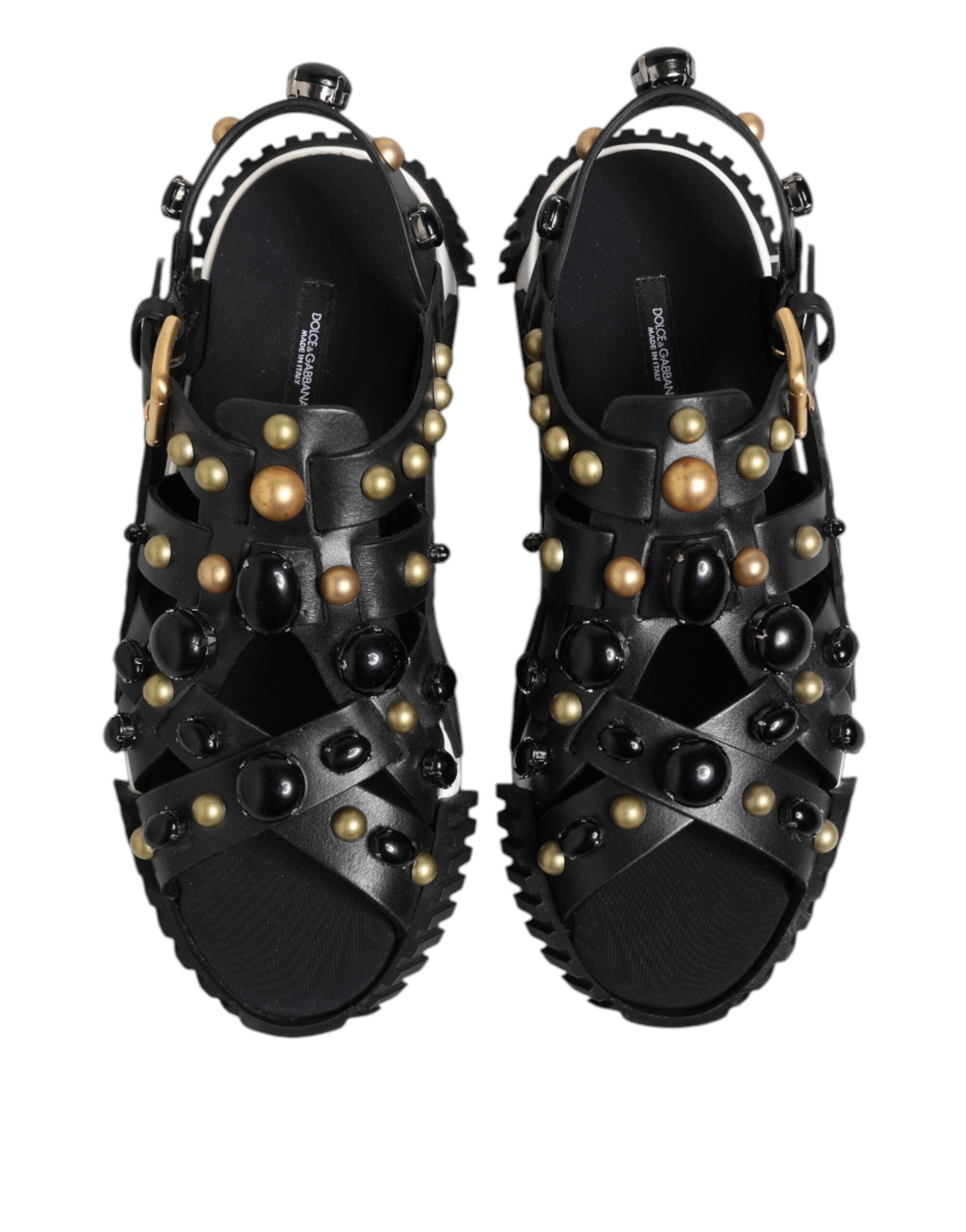 Dolce & Gabbana Black Leather Studded Ankle Strap Sandals Shoes