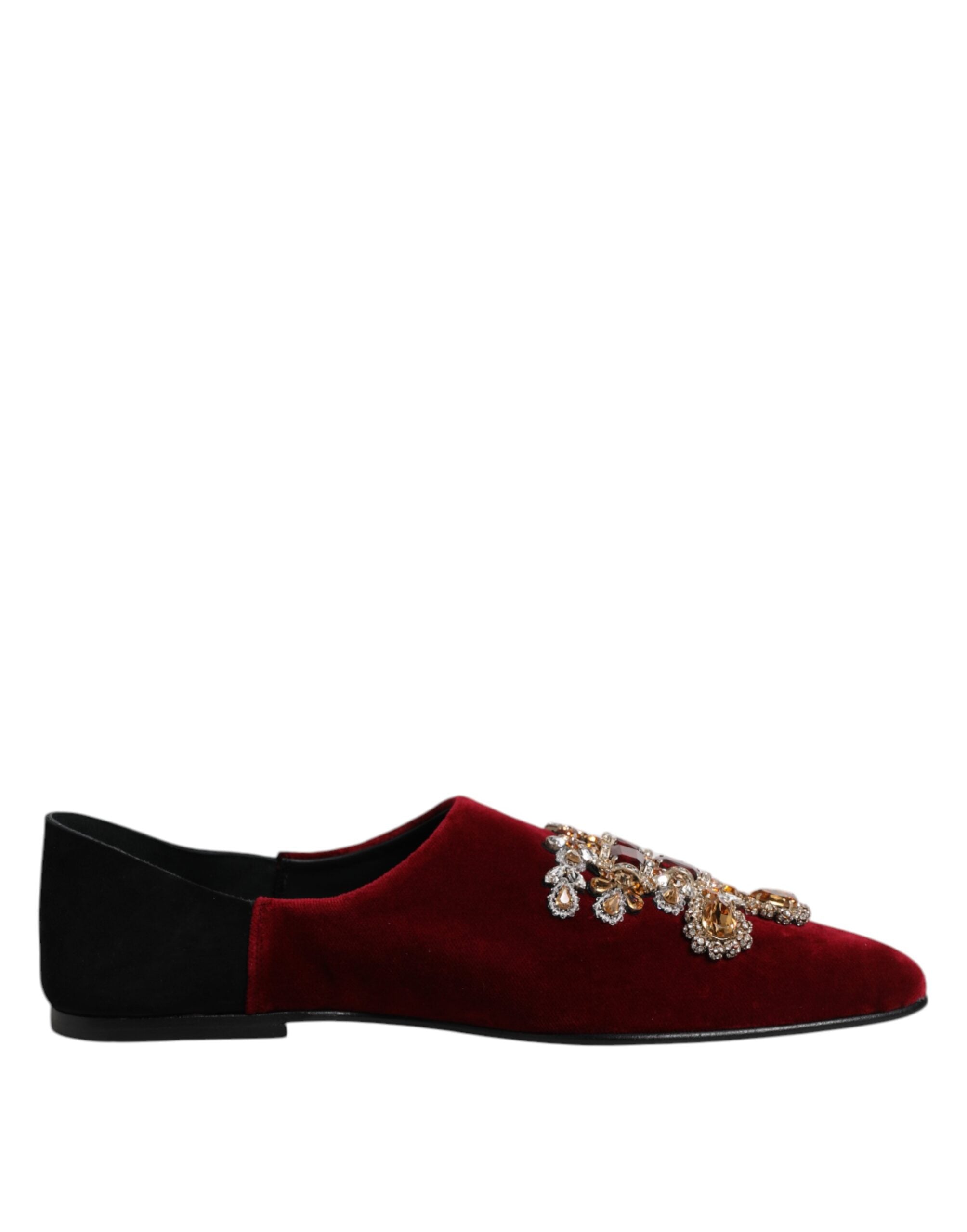 Dolce & Gabbana Black Red Velvet Embellished Slip On Shoes