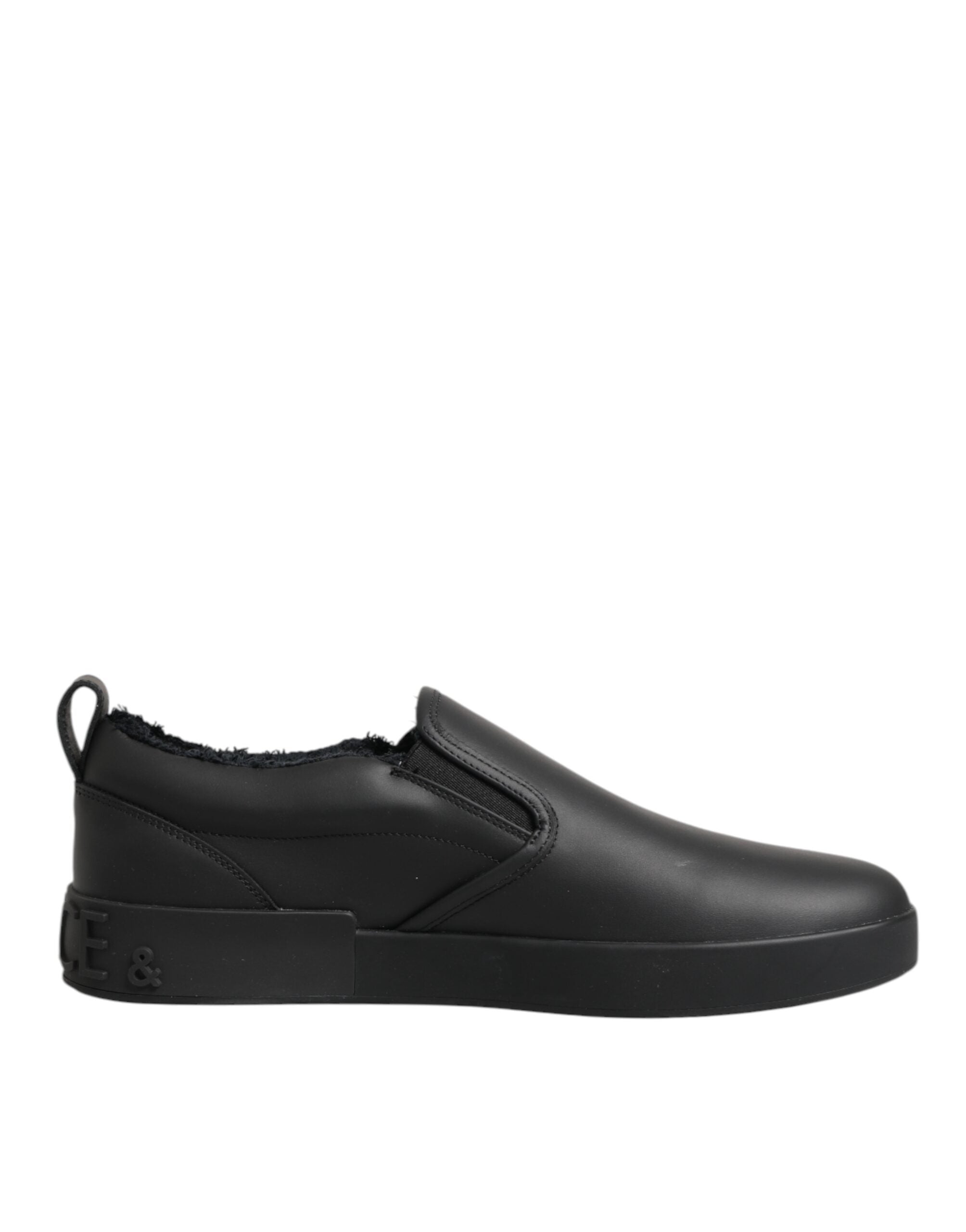 Dolce & Gabbana Black Leather Low Top Slip On Sneakers Shoes