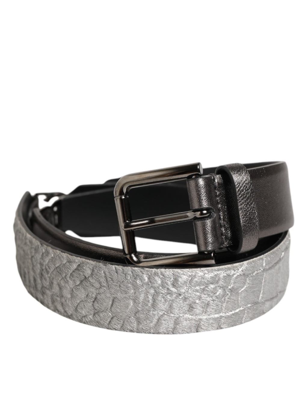 Dolce & Gabbana Black Silver Pebbled Texture Leather Buckle Men Belt