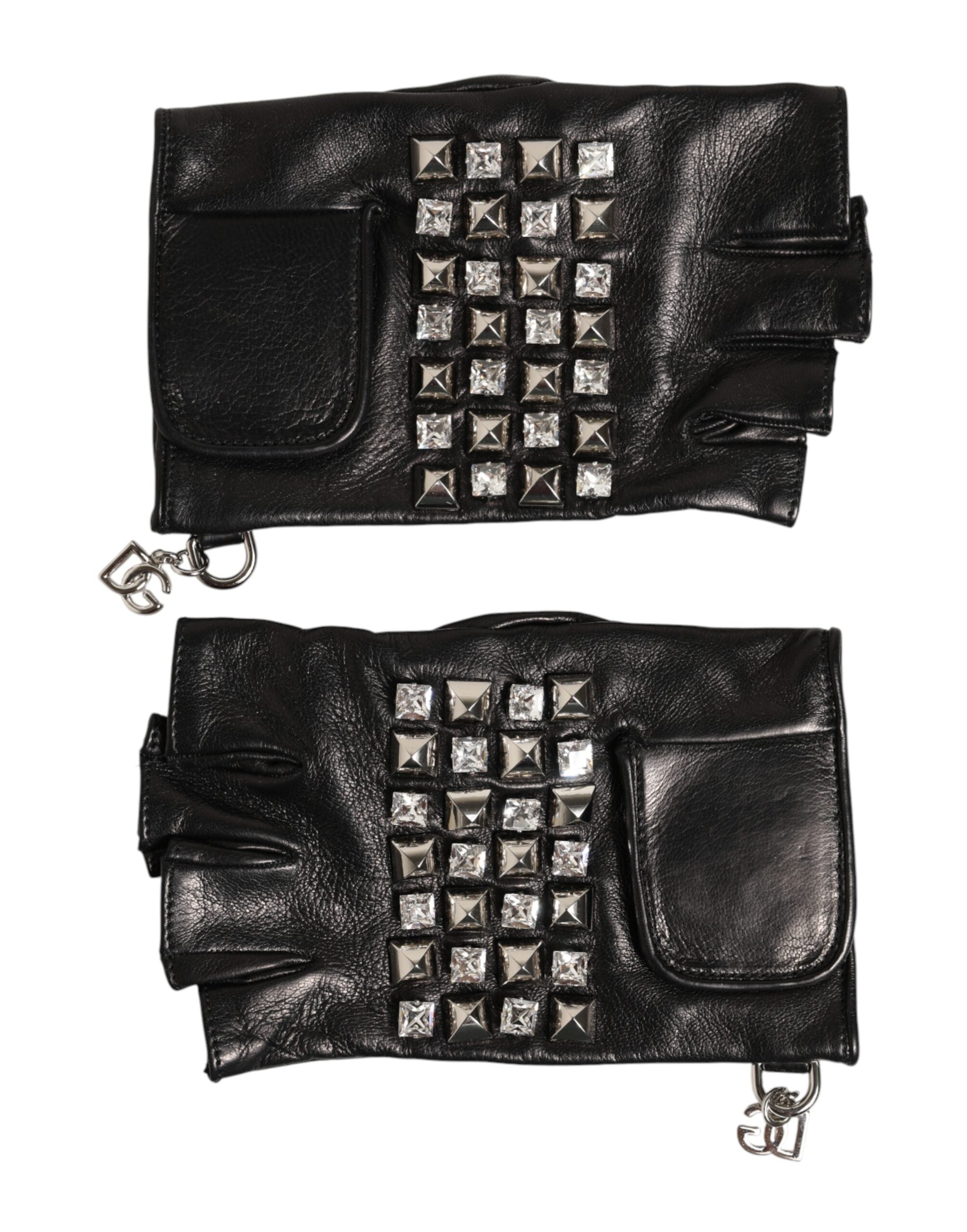 Dolce & Gabbana Black Leather Studded Fingerless Hand Mitten Men Gloves
