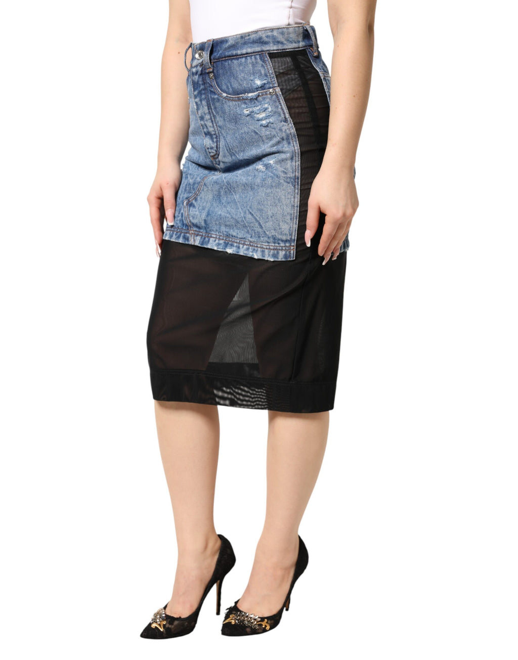 Dolce & Gabbana Blue Black Cotton Denim Sheer Midi Skirt